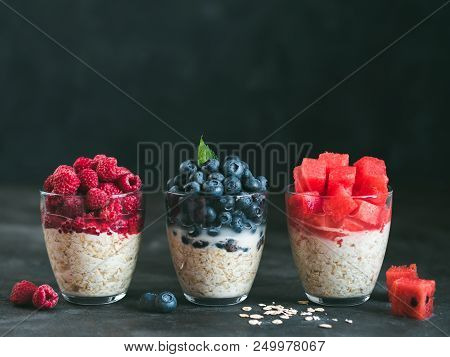 Healthy Breakfast: Overnight Oats With Fresh Fruits And Berries In Glass. Overnight Oatmeal Porridge