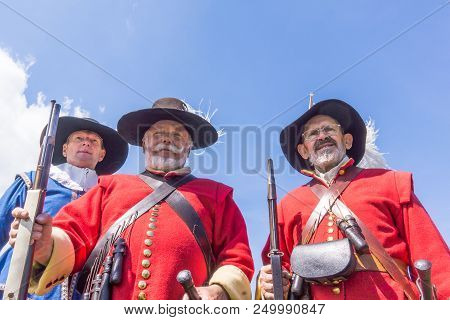 Old Swedish Soldiers From The 1600s With A Rifles During A Battle In Denmark, May 21, 2017