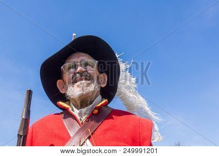 Old Swedish Soldier From The 1600s With A Rifle During A Battle In Denmark, May 21, 2017