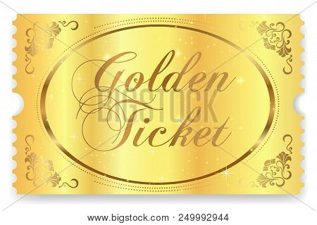 Golden Ticket, Gold Ticket (tear-off) Vector Template Design With Star Golden Background. Useful For