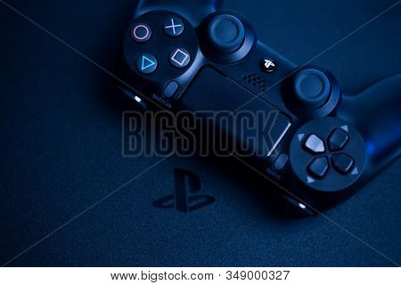 Russia, Oktober 24 2019: Ps4 Console Background. Playstation 4 Controllers. Sony Gaming Console - Im