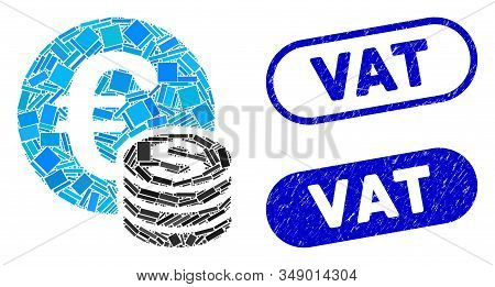 Mosaic Euro And Dollar Coins And Rubber Stamp Seals With Vat Phrase. Mosaic Vector Euro And Dollar C