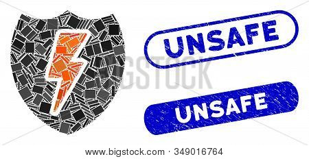 Mosaic Power Shield And Rubber Stamp Seals With Unsafe Caption. Mosaic Vector Power Shield Is Create