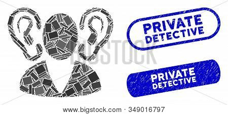 Mosaic Listener And Corroded Stamp Seals With Private Detective Phrase. Mosaic Vector Listener Is Fo