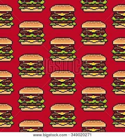 8 Bit Pixel Burger. Seamless Pattern. Vector Illustration