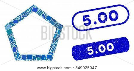 Mosaic Contour Pentagon And Rubber Stamp Seals With 5.00 Text. Mosaic Vector Contour Pentagon Is For
