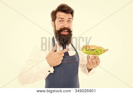 Taste A Little. Happy Cook Point Finger At Small Plate. Bearded Man Smile With Healthy Snack. Enjoyi