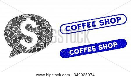 Collage Bank Message And Distressed Stamp Watermarks With Coffee Shop Text. Mosaic Vector Bank Messa