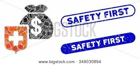 Mosaic Money Bag Shield And Corroded Stamp Seals With Safety First Phrase. Mosaic Vector Money Bag S