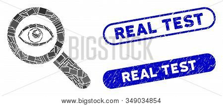 Mosaic Eye Explore And Rubber Stamp Seals With Real Test Text. Mosaic Vector Eye Explore Is Formed W
