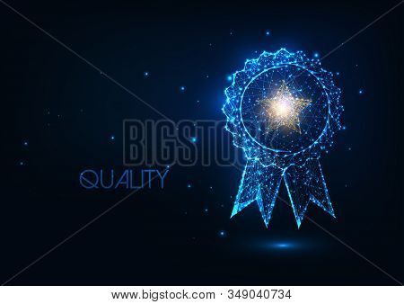 Futuristic Best Quality Award Badge Concept With Glowing Low Polygonal Winner Medal And Golden Star