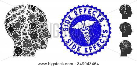 Flu Mosaic Brain Cancer Icon And Rounded Distressed Stamp Seal With Side Effects Text And Medic Icon