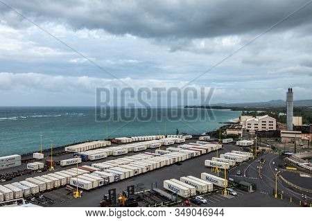 Kahului, Maui,, Hawaii, Usa. - January 13, 2020: Matson Shipping Container Yard Full Of White Boxes 