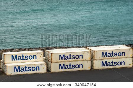 Kahului, Maui,, Hawaii, Usa. - January 13, 2020: Ocean Port. Closeup Of White Matson Shipping Contai