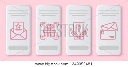 Set Line The Arrest Warrant, Fingerprint, Oath On The Holy Bible And Envelope. White Rectangle Butto