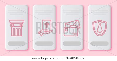 Set Line Law Pillar, Oath On The Holy Bible, Envelope And Tie. White Rectangle Button. Vector