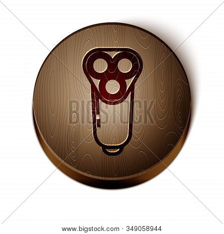Brown Line Electric Razor Blade For Men Icon Isolated On White Background. Electric Shaver. Wooden C