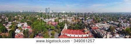Historic Center Of Villa Coyoacan Panorama Aerial View In Mexico City Cdmx, Mexico.