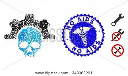 Epidemic Mosaic Dead Tools Icon And Rounded Rubber Stamp Seal With No Aids Phrase And Caduceus Icon.