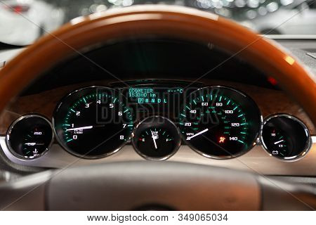 Novosibirsk, Russia - December 29, 2019:   Buick Enclave, Close Up Of The Dashboard Of The Car Is Il