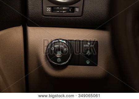 Novosibirsk, Russia - December 29, 2019:   Buick Enclave, Close-up Of Black Of Headlight Setting But