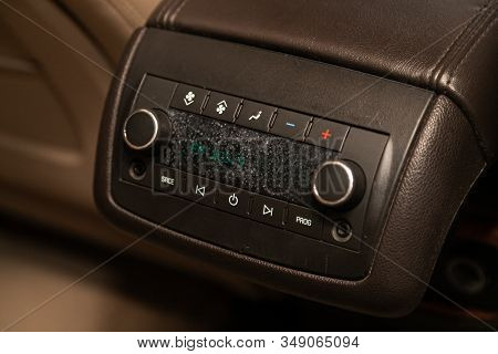Novosibirsk, Russia - December 29, 2019:   Buick Enclave, Сlose-up Of The Car  Black Interior:  Dash