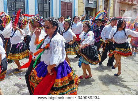 Cuenca, Ecuador - February 25, 2017: Parade Or Desfile During Carnival At The Street Simon Bolivar A