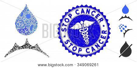 Microbe Mosaic Water Resistent Icon And Rounded Rubber Stamp Watermark With Stop Cancer Caption And 