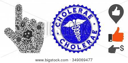 Viral Mosaic Select Gesture Icon And Round Rubber Stamp Seal With Cholerae Text And Medic Icon. Mosa