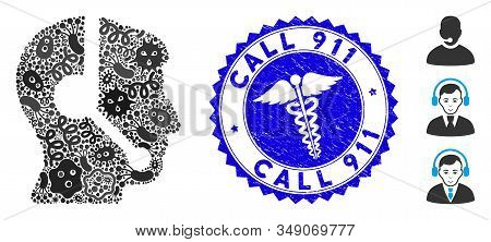 Pathogen Collage Call Center Operator Icon And Rounded Grunge Stamp Seal With Call 911 Phrase And Me