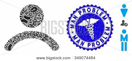 Infection Mosaic Man Icon And Round Corroded Stamp Seal With Man Problem Text And Doctor Icon. Mosai