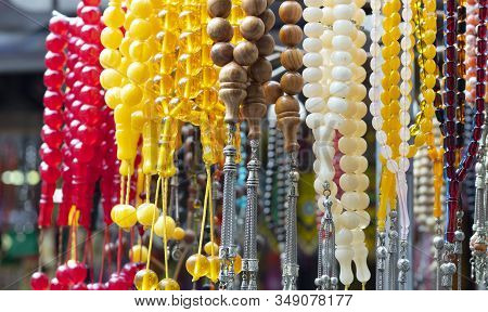 Turkey Culture, Rosary , Tesbih, Photographed On The Counter In Front Of The Store. Close Up.