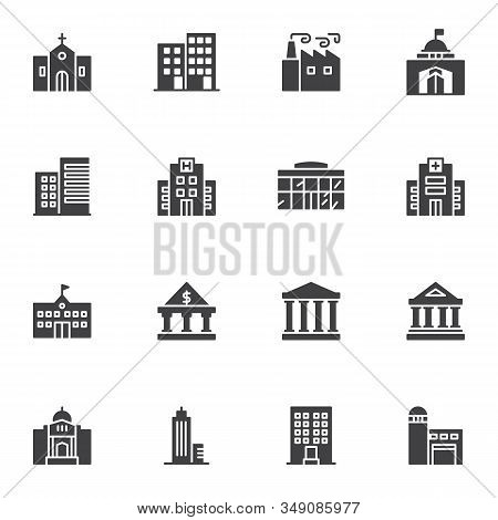 City Buildings Vector Icons Set, Modern Solid Symbol Collection, Filled Style Pictogram Pack. Signs,