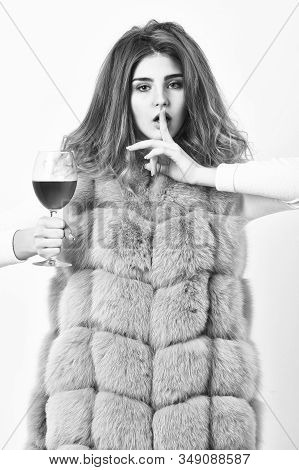 Woman Enjoy Wine. Hedonism Concept. Lady Curly Hairstyle Likes Expensive Luxury Wine. Reasons Drink 