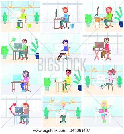 Office Workers Set, People Working In Office. Man And Woman Work At Laptop And Computers, Flat Style