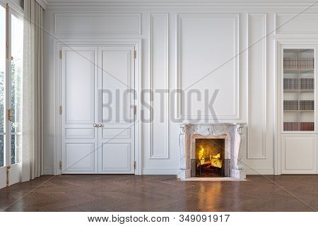 Classic White Empty Interior With Fireplace, Moldings, Wall Pannel, Window, Door. 3d Render Illustra