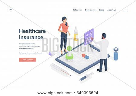 Woman Ordering Healthcare Insurance From Agent. Isometric Vector Illustration
