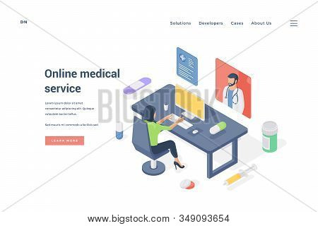 Woman Using Online Medical Service. Isometric Vector Illustration