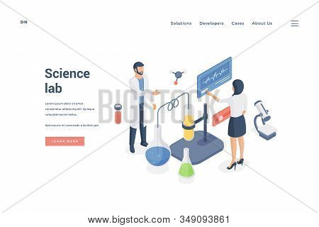 Modern Researchers Working In Science Laboratory. Isometric Vector Illustration