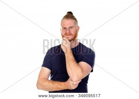Red haired man with long beard thinking isolated on a white background