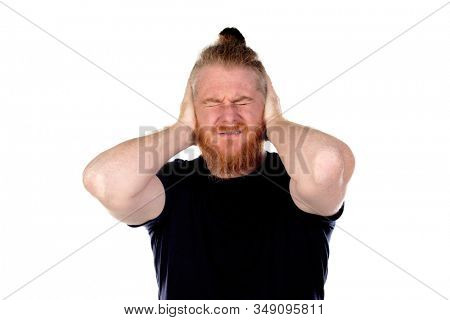 Red haired man with long beard covering his ears isolated on a white background