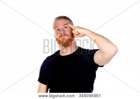 Red haired man with long beard thinking isolated on a white background