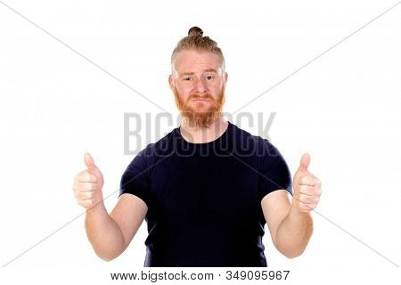 Red haired man with long beard saying Ok isolated on a white background