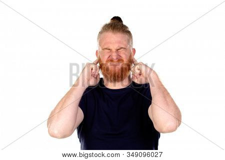 Red haired man with long beard covering his ears isolated on a white background