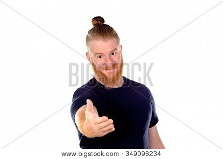 Red haired man with long beard offering his hand isolated on a white background