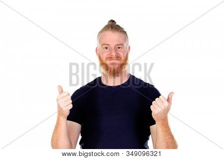 Red haired man with long beard saying Ok isolated on a white background