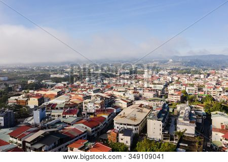 Puli, Nantou - Jan 2nd, 2020: aerial view of Puli cityscape with clouds over the city, Nantou county, Taiwan