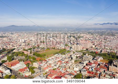 Puli, Nantou - Jan 2nd, 2020: aerial view of Puli cityscape with clouds over the city, Nantou county, Taiwan