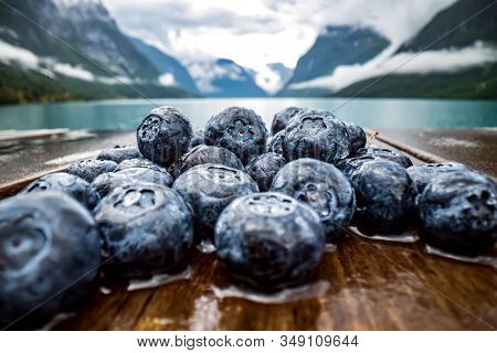 Blueberry antioxidants on a wooden table on a background of Norwegian nature.