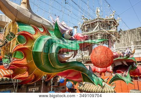 Lukang, Taiwan - October 18th, 2019: dragon lanterns Lukang Tianhou Temple, also known as Mazu Temple at Changhua, Taiwan
